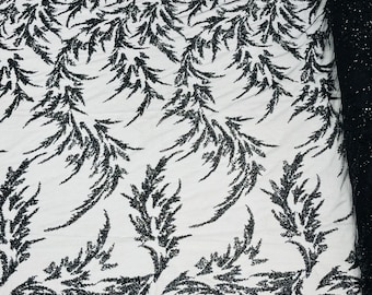 Black Embroidered Leaf Beaded Fabric, Wedding Bridal Lace By The Yard