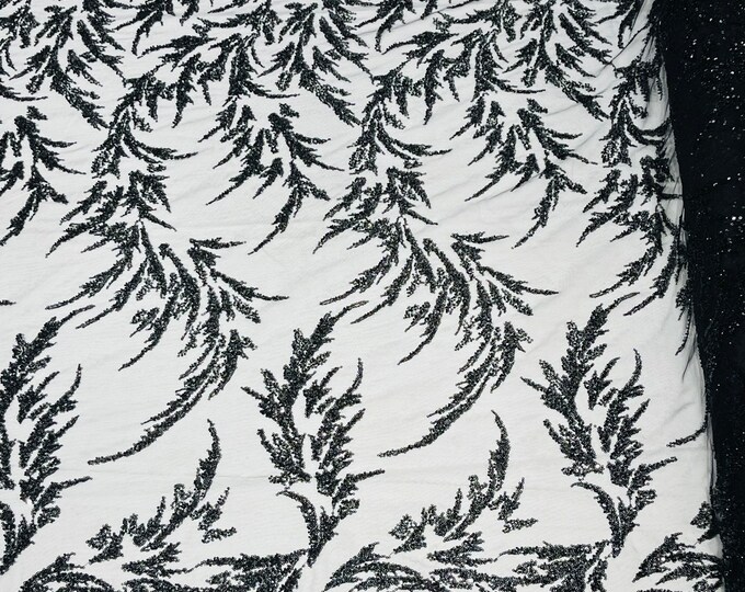 Black Leaf Pattern Beaded Fabric by the yard (Pick a size ) Embroidered Floral Beaded Wedding Bridal Fabric