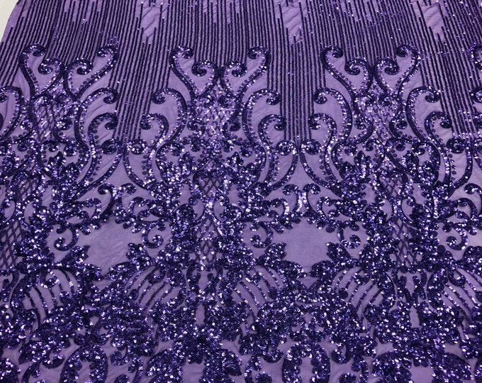 Lilac Sequins Lace Fabric On Mesh Damask Design Embroidered On 4 way Stretch Sequin By The Yard -Prom-Gown ( Choose The Size )