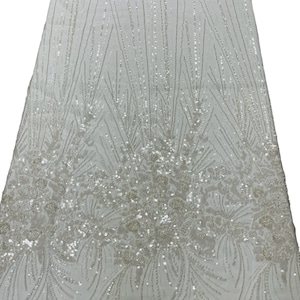 Off White Beaded Fabric by the yard, Bridal Wedding beaded, Floral Damask Pattern With Beads and Sequin, Appliqué lace for bridals