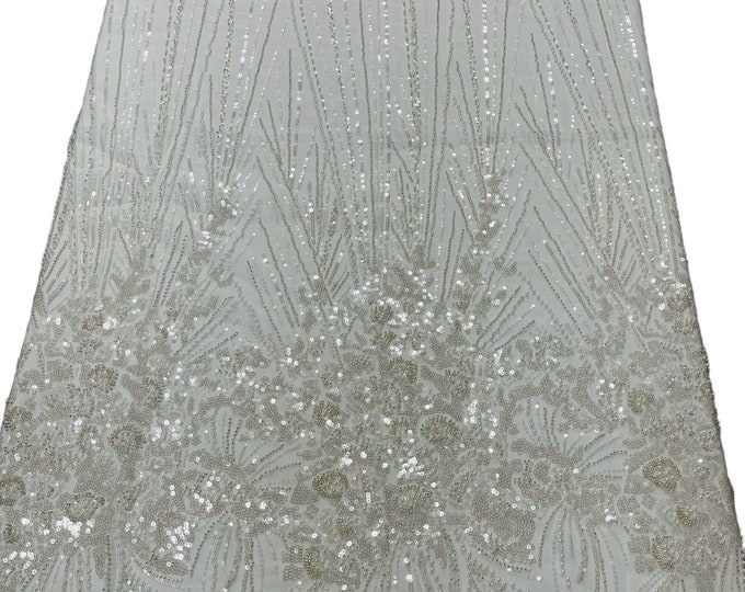 Off White Beaded Fabric by the yard, Bridal Wedding beaded, Floral Damask Pattern With Beads and Sequin, Appliqué lace for bridals