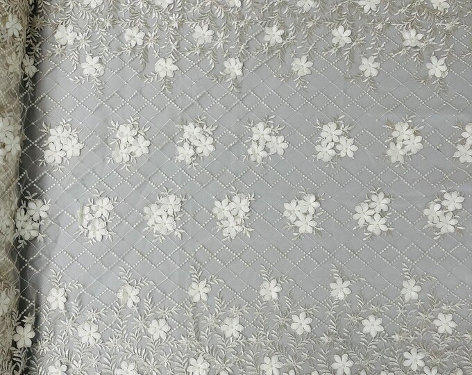 Mia Fabrics Inc, Ivory 3D Floral-Flower With Pearl, 3D Floral-Flower Bridal Wedding Lace Fabric by the Yard (Pick a Size)