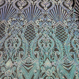 Iridescent Unicorn - Blue Damask Selena Design on a 4 Way Stretch Sequin Lace Mesh Fabric - Prom Gala Gown Fabric By Yard