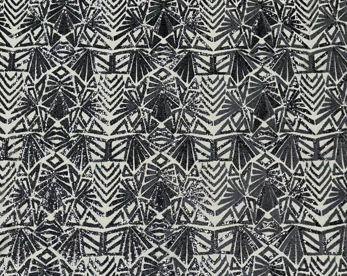 Navy Blue 4 Way Stretch Geometric Sequins Emily Design Shiny Fabric on Mesh for Prom Gala Gown By The Yard