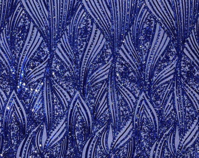Dk Royal Blue Sequins Fabric 4 Way Stretch on a Mesh | Embroidered Damask Design With Sequin Lace Prom-Gown by the yard