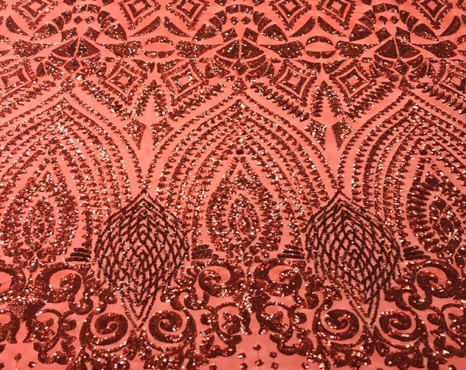 Red Sequin Geometric Design, 4 Way Stretch Sequin Fabric On Spandex Mesh-Prom-Gown By The Yard