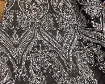 Silver Sequin Damask Fabric: Black Mesh, 4-Way Stretch - By The Yard