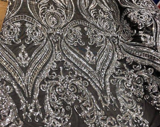 Silver Sequin, Black Mesh Damask Design - 4 Way Stretch Sequin Fabric Spandex Mesh-Prom-Gown By The Yard