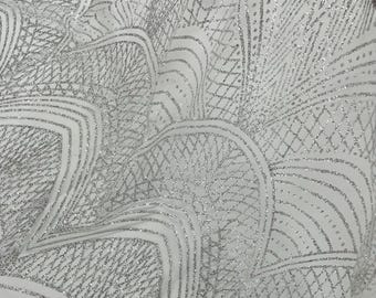 Silver Glitter on Mesh Lace Fabric By The Yard for Wedding Decor Damask Geometric Glitter Fabric  Bridal/Prom/Shimmer/Luxury Sparkle