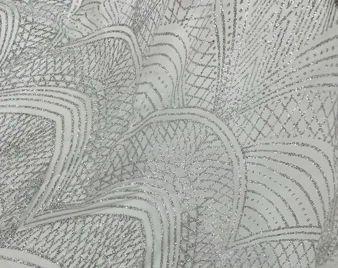 Silver Glitter on Mesh Lace Fabric By The Yard for Wedding Decor Damask Geometric Glitter Fabric  Bridal/Prom/Shimmer/Luxury Sparkle
