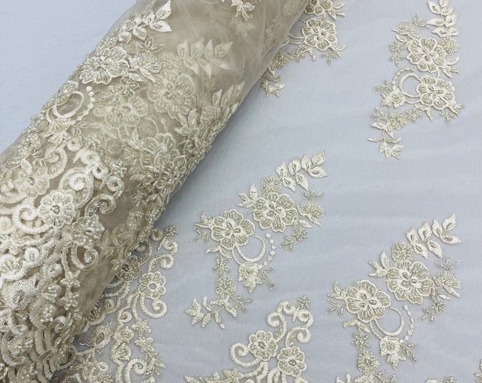 Ivory Floral Cluster Beaded Fabric - Embroidered Flower Beaded Fabric Wedding Bridal Sold By The Yard