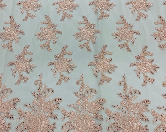 Blush Pink Floral Lace Fabric: Embroidered Sequins Mesh, Bridal Wedding