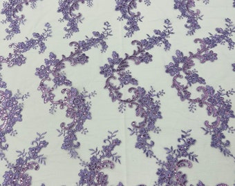 Lavender Floral Sequin Lace Fabric: Embroidered Mesh, Bridal Gown by the yard