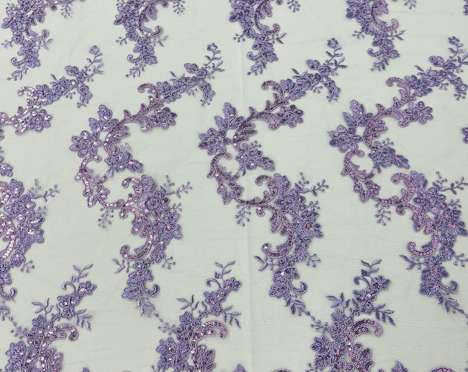 Lavender Floral Lace Fabric, by the yard - Embroidery With Sequins on a Mesh Lace Fabric For Gown, Wedding-Bridal