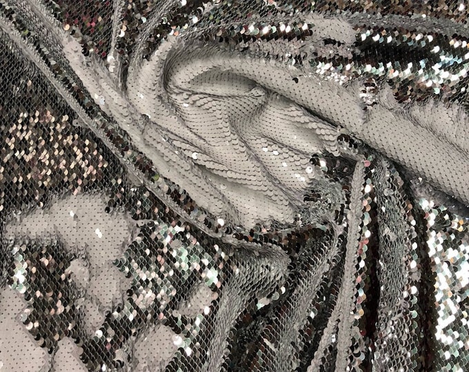White/Silver Flip Up Sequins Reversible, 2-Way Stretch 58/60” Sequins Fabric Dresses-Nightgowns-Prom Gown (Choose The Quantity)