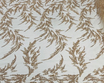 Rose Gold Beaded Fabric: Leaf Pattern Embroidered Mesh, Bridal Wedding Fabric