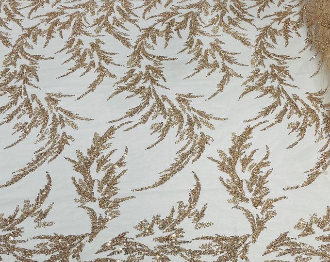 Rose Gold Leaf Pattern Beaded Fabric by the yard (Pick a size ) Mesh Embroidered Floral Beaded Wedding Bridal Fabric