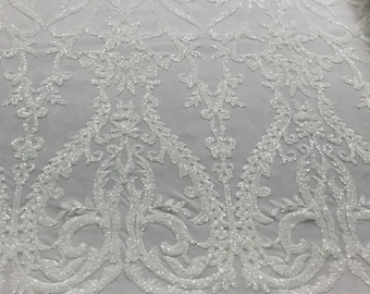 White Sequin Lace Fabric: Damask Embroidered Mesh, 4-Way Stretch - By The Yard