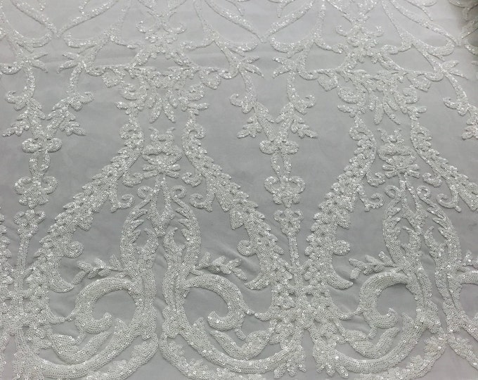 White Sequins Lace Fabric, DAMASK Design Embroidered on a Mesh 4 way Stretch Sequin By The Yard -Prom-Gown ( Choose The Size )