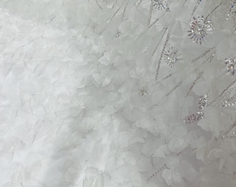 Off White Beaded Fabric 3D Floral Butterfly Fabric By The Yard, Luxury 3D Butterfly Design Beads and Sequins Embroidered on a Mesh Lace