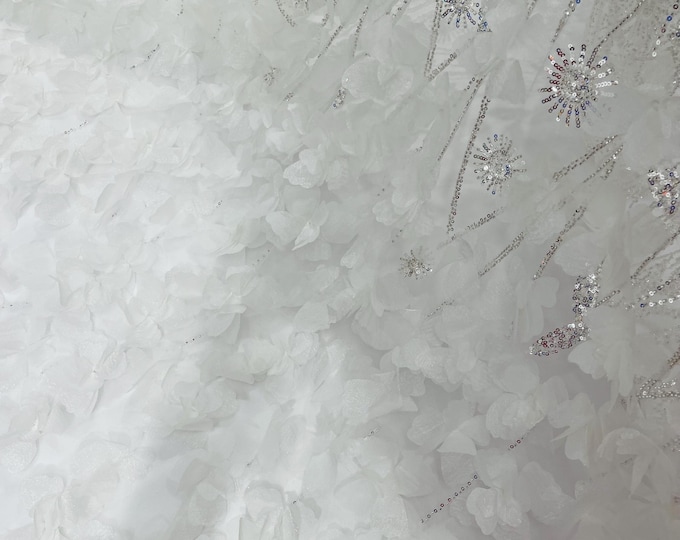 Off White Beaded Fabric 3D Floral Butterfly Fabric By The Yard, Luxury 3D Butterfly Design Beads and Sequins Embroidered on a Mesh Lace