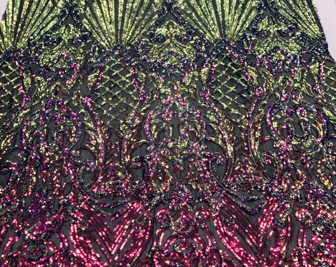 Royal Iridescent Sequin - by the yard - on Black Mesh Damask Design on a 4Way Stretch Sequins Fabric Prom