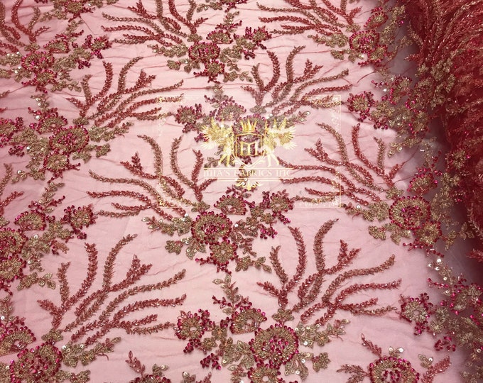 Burgundy Hand Beaded Lace, Embroidered Floral Design Fancy Sequins Fabric with Beads Sold in Many Colors By The Yard