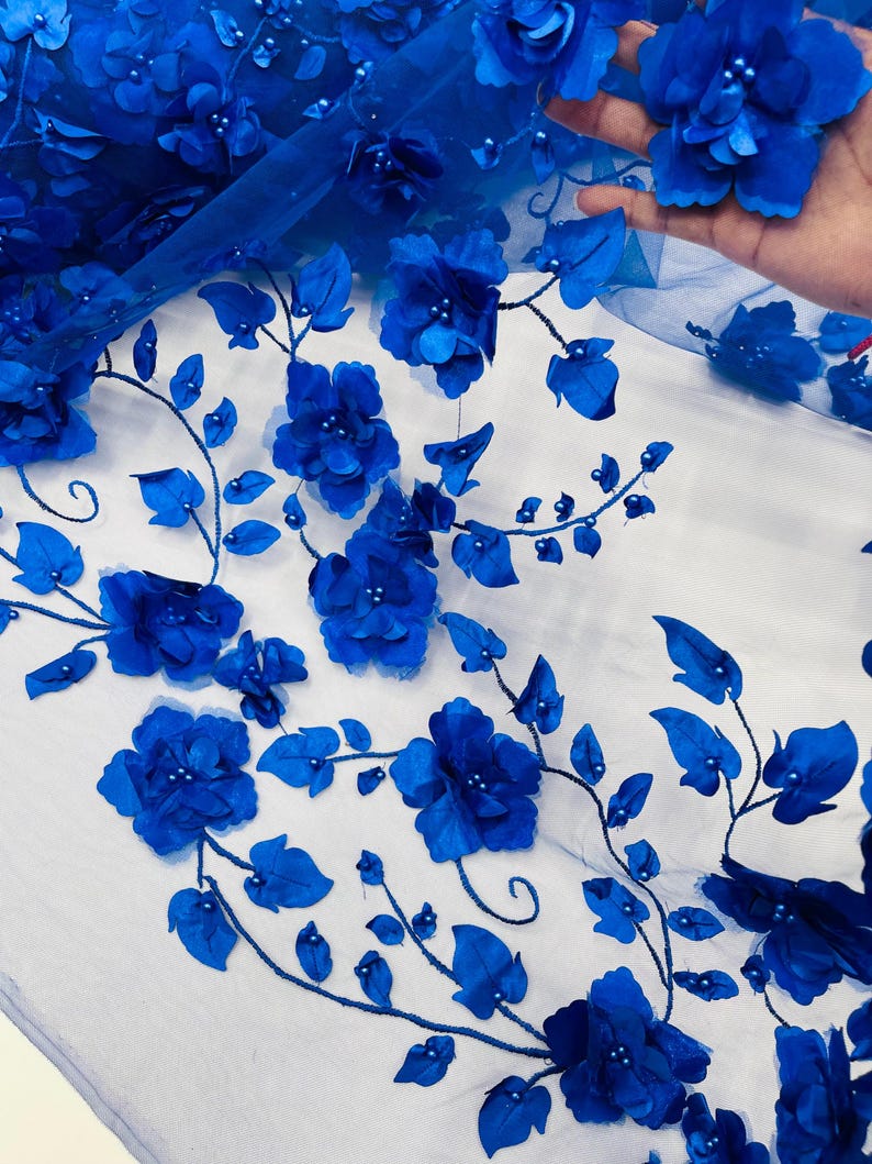 ROYAL BLUE 3D FLORAL WITH VINES AND PEARLS ON A Compatible for BLACK MESH LACE-SOLD BY YARD