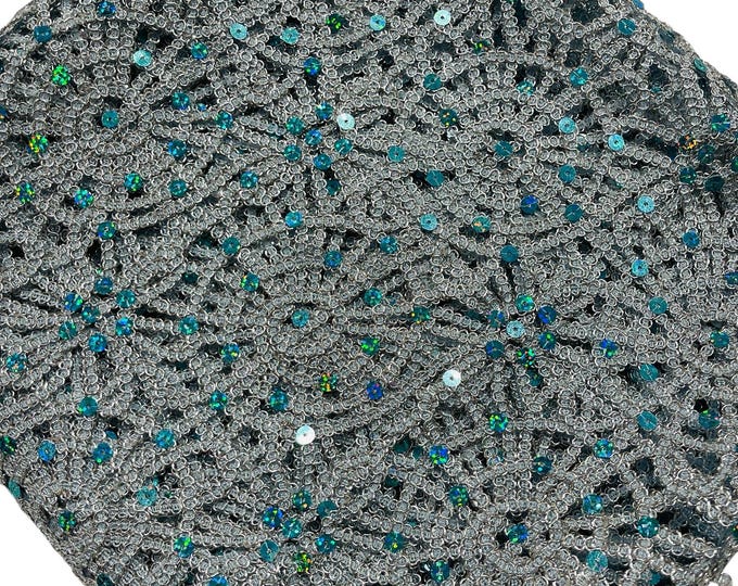 Blue Silver Chain Chemical Lace Fabric by Yard | Double Border | Tablecloth, Table Overlay, Table Runner, Costumes, Wedding Decor, 50" Wide