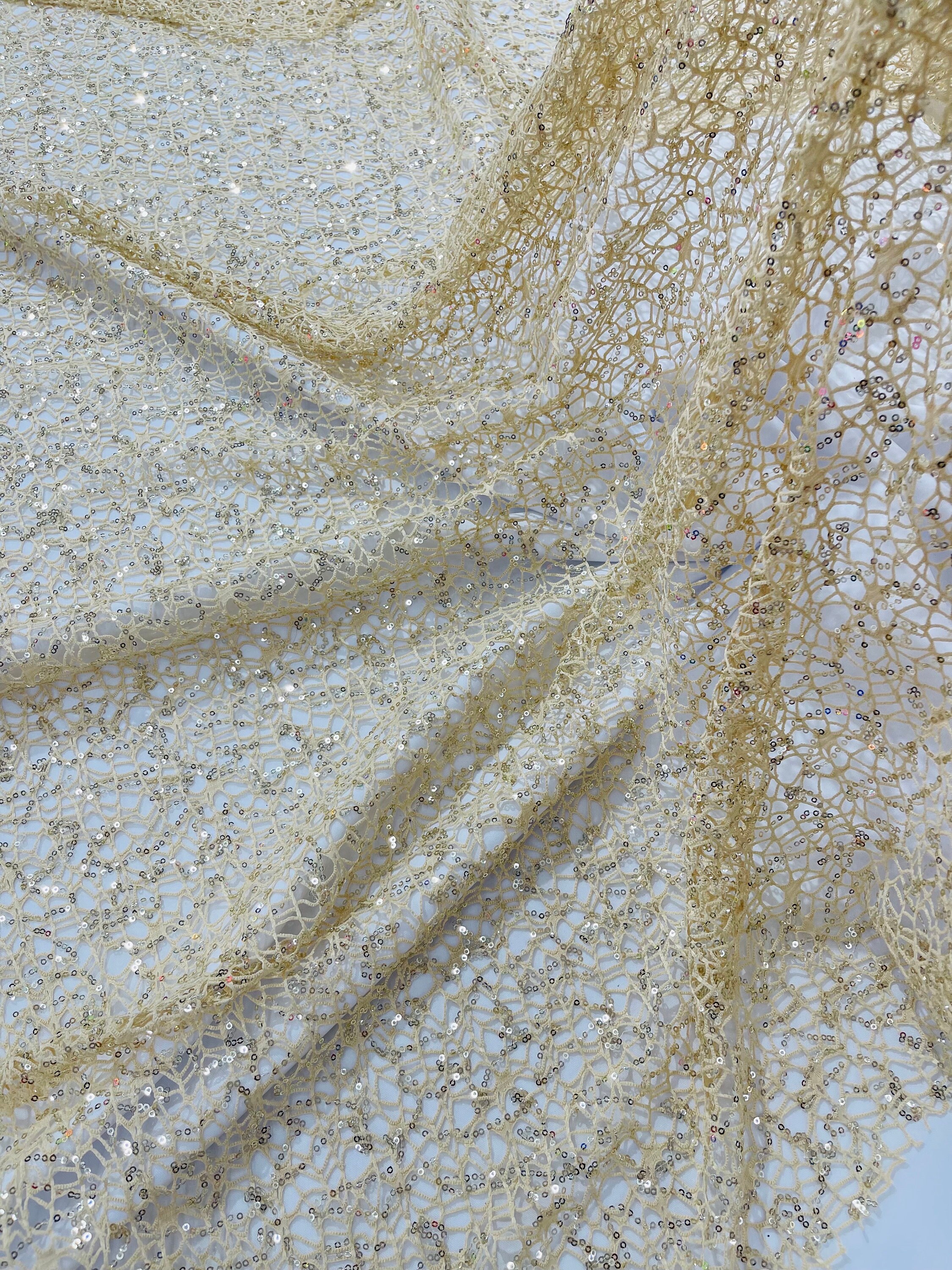 Beige Fish Net Fabric, Cast Net Design Champagne Sequins Embroidery on ...