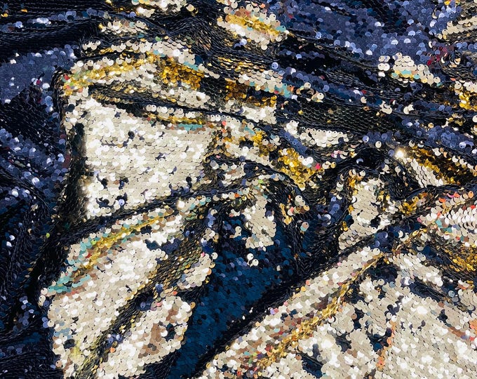 Gold/Black Sequins Fabric: 2-Way Stretch Flip-Up Reversible Sequin