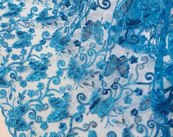 Turquoise Butterfly Embroidered Lace Fabric with Metallic Thread & Sequins by yard