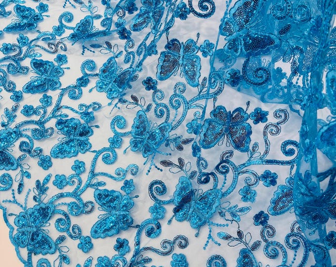 Turquoise Butterfly Embroidered Lace Fabric with Metallic Thread & Sequins by yard