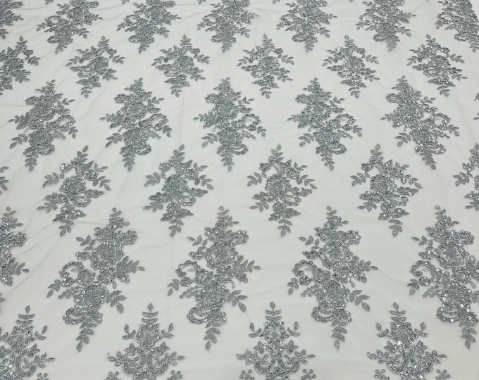 Metallic Silver Floral Lace Fabric - by yard - Embroidery With Sequins on a Mesh Corded Lace Fabric, For Gown - Wedding - Bridal