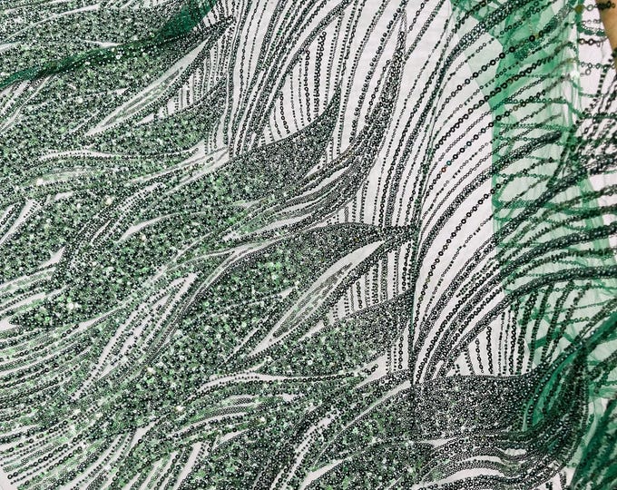Hunter Green Beaded Lace Fabric: Embroidered Mesh, Bridal Wedding Dress - Sold By The Yard