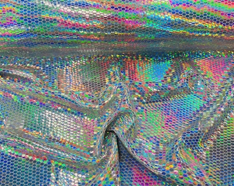 Honeycomb Foil Fabric - Iridescent Silver - Hexagon Print On White Spandex Fabric By The yard, (Choose The Size)