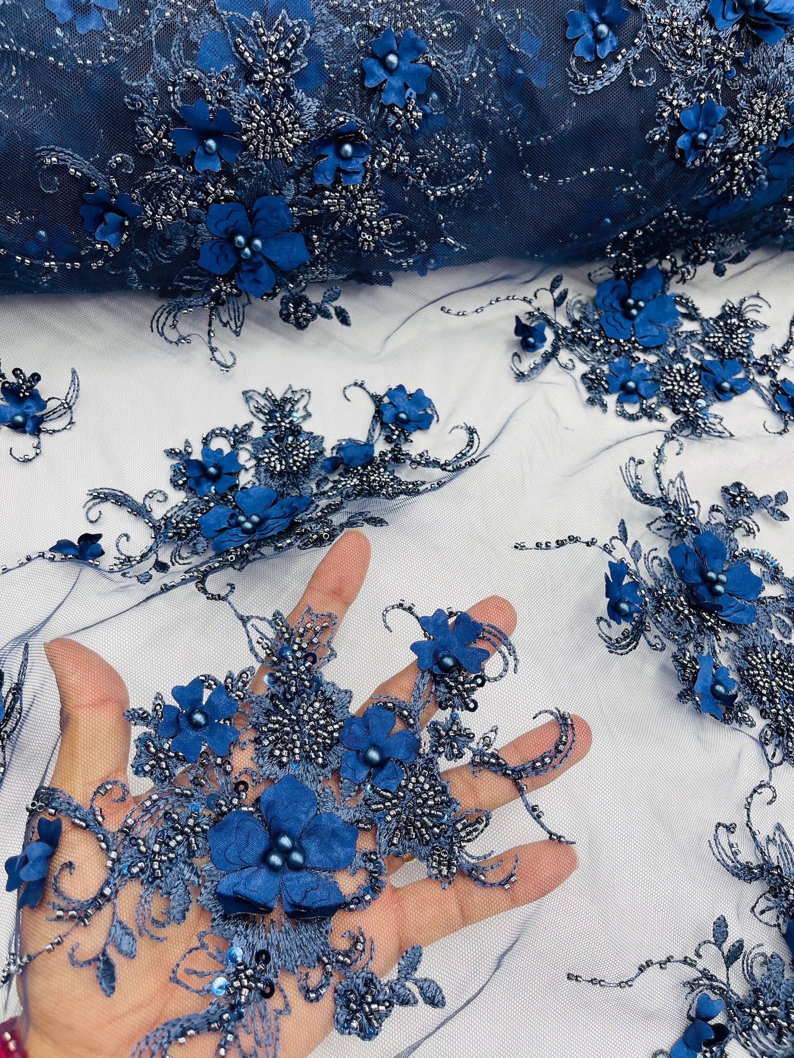 Navy Blue 3D Floral Beaded Embroidery Lace Fabric - Etsy