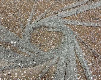 Silver Embroidery Beaded Fabric By The Yard With Sequin Fabric, Sequin on Mesh Fabric, Handmade Lace, Beads on a Mesh