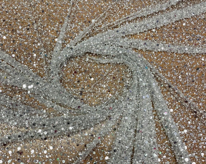 Silver Embroidery Beaded Fabric By The Yard With Sequin Fabric, Sequin on Mesh Fabric, Handmade Lace, Beads on a Mesh