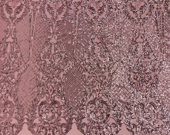Dusty Rose Sequin Fabric: Damask Embroidered Mesh, 4-Way Stretch