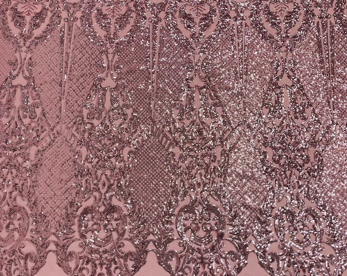 Dusty Rose Sequins Fabric on a Mesh, DAMASK Design Embroidered on a Mesh 4 way Stretch Sequin By The Yard ( Choose The Size )