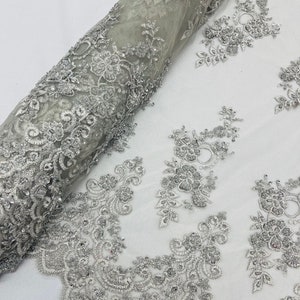 Silver Floral Embroidered Beaded Fabric: Bridal Wedding Lace
