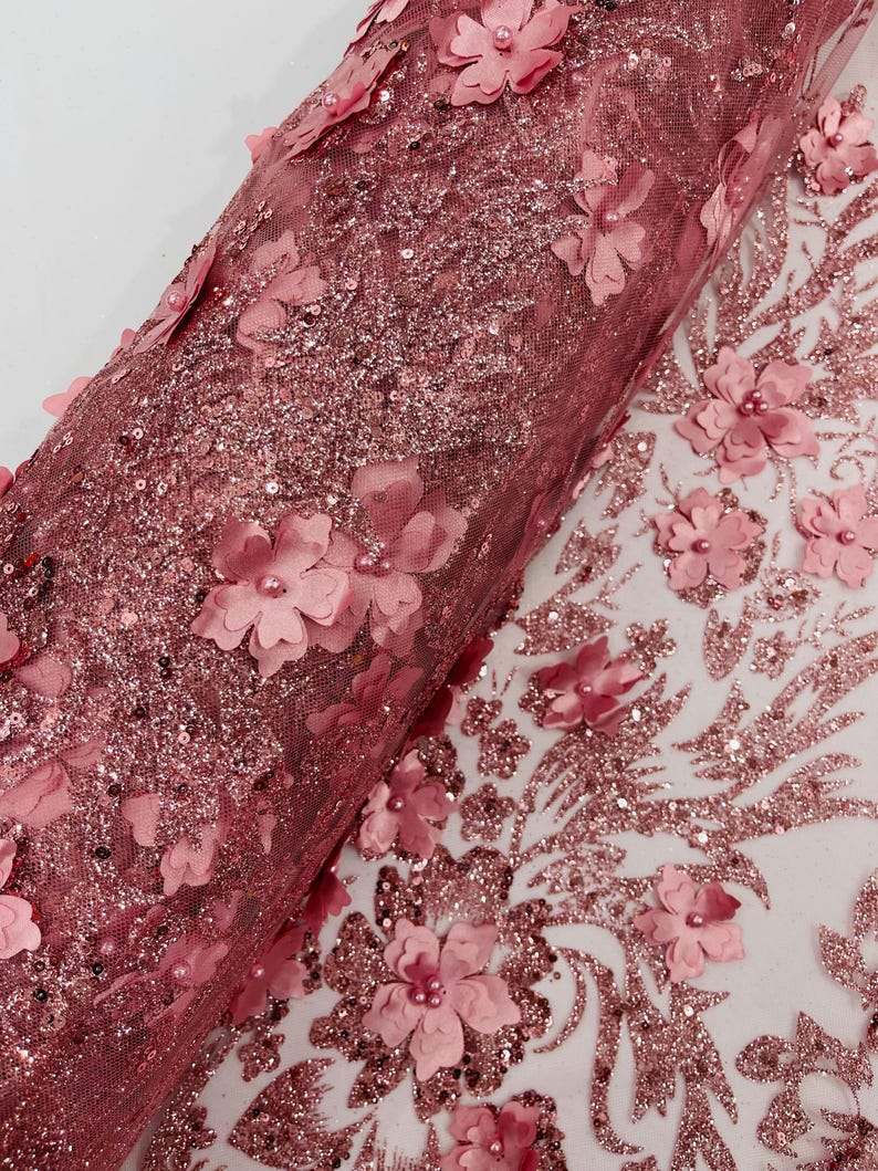 Dusty Rose Glitter Floral Mesh, Glitter 3D Flower Sequin Fabric ...