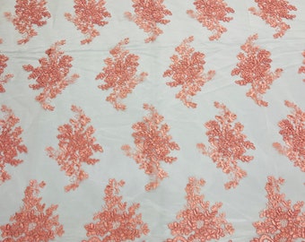 Coral Floral Embroidery Lace Fabric, Scalloped Edge, Bridal Gown By The Yard