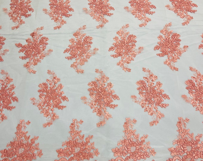 Coral Floral Lace Fabric, Embroidery on a Mesh Lace Fabric By The Yard For Gown, Wedding-Bridal-Dress