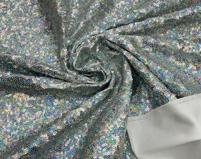 Silver Holographic Mini Glitz Sequins by the yard on Spandex Fabric | 4 Way Stretch | Mini Glitz Sequin Fabric