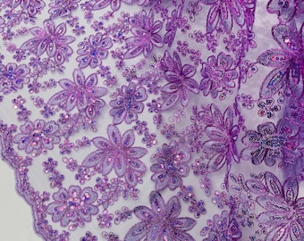 Lilac Metallic Corded Floral Lace Fabric by the yard: Embroider With Holographic Sequins Fabric