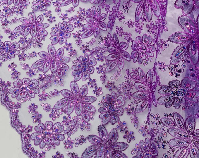 Lilac Metallic Corded Floral Lace Fabric by the yard: Embroider With Holographic Sequins Fabric