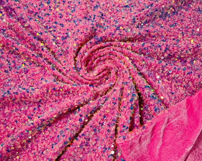 New Clear Iridescent Sequin Velvet on Pink 2 Way Stretch Velvet With Luxury Sequins all Over 5mm Shining Sequins