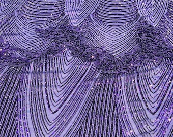 Purple Fringe Sequins on Power Mesh, Fringe Design Embroidered on 4 Way Stretch Fancy Sequin ( Choose The Size )